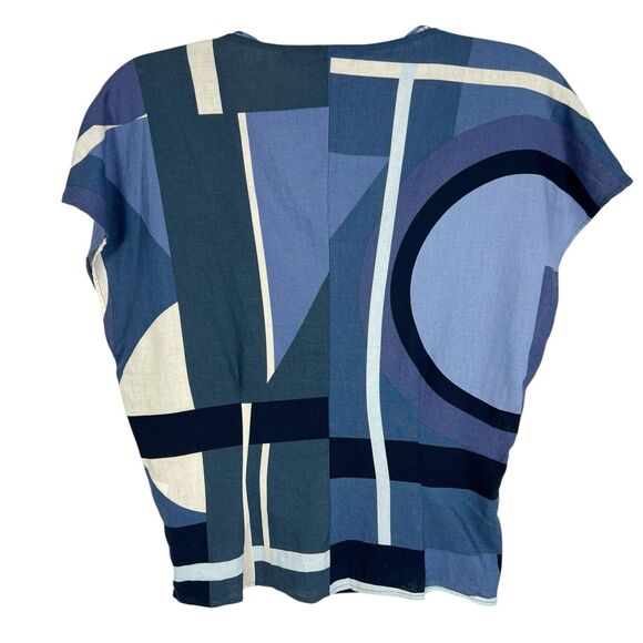NEW Zara Navy Abstract Geo Print Linen Blend V Neck Cap Sleeve Top Women’s Large - Picture 2 of 8